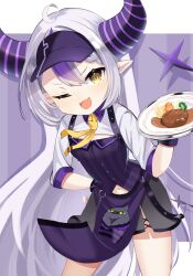 Rule 34 | 1girl, ahoge, alternate costume, black horns, braid, braided bangs, breasts, chain, cleavage cutout, clothing cutout, crow (la+ darknesss), fangs, food, grey hair, hat, highres, hololive, horns, ichipon1515, la+ darknesss, long hair, looking at viewer, multicolored hair, navel, one eye closed, open mouth, pointy ears, purple hair, shirt, skin fangs, small breasts, smile, solo, streaked hair, striped clothes, striped horns, striped shirt, virtual youtuber, wrist cuffs