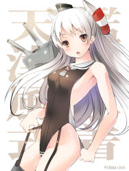Rule 34 | 10s, 1girl, :o, adapted costume, amatsukaze (kancolle), black one-piece swimsuit, black thighhighs, blush, breasts, brown eyes, chestnut mouth, covered erect nipples, cowboy shot, garter belt, gloves, hair tubes, hat, kadokawa shoten, kantai collection, lifebuoy, long hair, looking at viewer, maki (seventh heaven maxion), one-piece swimsuit, pulled by self, rensouhou-kun, sailor collar, sideboob, silver hair, single glove, swim ring, swimsuit, thighhighs, twitter username, two side up