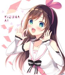 Rule 34 | 1girl, :d, abstract background, aqua eyes, bad id, bad pixiv id, bare shoulders, black ribbon, blush, breasts, brown hair, character name, collarbone, detached sleeves, hair ribbon, hairband, hands up, kizuna ai, kizuna ai inc., long hair, long sleeves, looking at viewer, open mouth, pink hair, pink hairband, pink ribbon, ribbon, sailor collar, shirt, sleeves past wrists, small breasts, smile, solo, sumisaki yuzuna, tareme, triangle, upper body, virtual youtuber, white sailor collar, white shirt