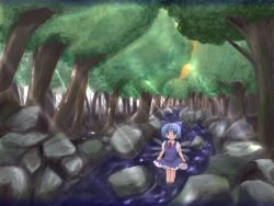 Rule 34 | 1girl, cirno, dress, embodiment of scarlet devil, female focus, forest, lzh, nature, outdoors, pinafore dress, plant, river, scenery, sleeveless dress, solo, touhou, wading, wallpaper, water