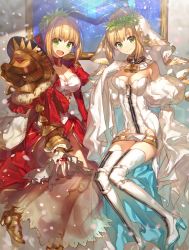 Rule 34 | 10s, 2girls, ahoge, armor, bad id, bad pixiv id, belt, blonde hair, bodysuit, boots, breasts, bridal veil, center opening, chocoan, cleavage, commentary, detached sleeves, dress, epaulettes, fate/extra, fate/extra ccc, fate (series), flower, green eyes, groin, hair bun, hair intakes, high heel boots, high heels, large breasts, leotard, lock, looking at viewer, multiple girls, nero claudius (bride) (fate), nero claudius (bride) (third ascension) (fate), nero claudius (fate), nero claudius (fate) (all), nero claudius (fate/extra), open mouth, padlock, red dress, revision, sidelocks, single hair bun, thighhighs, thighs, veil, white legwear, zipper