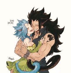Rule 34 | 1boy, 1girl, animal ears, black hair, blue hair, bracelet, breasts, brown nails, cat day, cat ears, cat tail, choker, couple, detached sleeves, dress, ear piercing, closed eyes, fairy tail, gajeel redfox, green dress, grin, hug, jewelry, levy mcgarden, long hair, medium breasts, nail polish, nose piercing, open mouth, piercing, rusky, scar, short dress, sideboob, signature, simple background, sleeveless, sleeveless dress, smile, standing, strapless, strapless dress, tail, tattoo, very long hair, white background