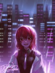 Rule 34 | 1girl, black shirt, blush, chinese commentary, city, collared shirt, commentary request, grid print, highres, horikawa raiko, jacket, looking at viewer, medium hair, necktie, night, off shoulder, open clothes, open jacket, open mouth, outdoors, rain, red eyes, red hair, shirt, short hair, sleeveless, sleeveless shirt, smile, solo, teeth, touhou, upper body, upper teeth only, wet, wet hair, white jacket, white necktie, xianyujunzhimiyingla