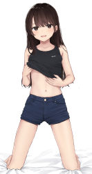 Rule 34 | 1girl, :d, akipeko, bare arms, bare legs, bare shoulders, bed sheet, black shirt, black shorts, blush, brown eyes, brown hair, clothes lift, collarbone, full body, highres, kneeling, long hair, looking at viewer, navel, open mouth, original, shirt, shirt lift, short shorts, shorts, simple background, sleeveless, smile, solo, stomach, white background