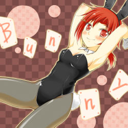 Rule 34 | 10s, 1girl, alternate costume, animal ears, arakawa tarou, blush, breasts, cleavage, detached collar, english text, fake animal ears, hair ornament, hino akane (smile precure!), pantyhose, playboy bunny, ponytail, precure, rabbit ears, red eyes, red hair, smile precure!, solo, wrist cuffs