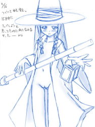 Rule 34 | 1girl, ayase yue, blush, book, bottomless, braid, collarbone, hat, jacket, long hair, long sleeves, looking down, mahou sensei negima!, monochrome, navel, nude, open clothes, open jacket, open mouth, orz (orz57), pussy, staff, standing, witch, witch hat