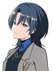 Rule 34 | 1girl, blue eyes, blue hair, blue shirt, commentary request, formal, grey suit, highres, hiodoshi ao, hololive, hololive dev is, ishida aya, light smile, medium hair, mixed-language commentary, mole, mole under mouth, shirt, simple background, solo, suit, twitter username, upper body, virtual youtuber, white background