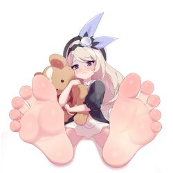 Rule 34 | 1girl, barefoot, blonde hair, blue eyes, blush, clenched teeth, commission, dragalia lost, feet, female focus, foot focus, full body, lathna, long hair, looking at viewer, maidforge, pixiv commission, soles, solo, stuffed animal, stuffed toy, teddy bear, teeth, toes