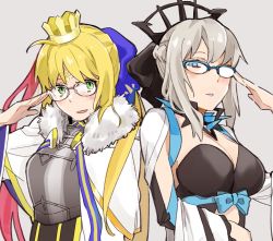 Rule 34 | 2girls, adjusting eyewear, artoria caster (fate), artoria pendragon (fate), bespectacled, black bow, blonde hair, blue eyes, blue lips, bow, braid, breasts, center opening, clothing cutout, crown, facial mark, fate/grand order, fate (series), forehead mark, french braid, glasses, green eyes, large breasts, lipstick, long hair, looking at viewer, makeup, mini crown, morgan le fay (fate), multiple girls, naosuke (morioka shachuu), platinum blonde hair, semi-rimless eyewear, small breasts, smile, stomach cutout, two-tone dress, upper body