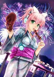 Rule 34 | 1girl, alternate hairstyle, animal ears, blush, breasts, cat ears, cat girl, chocolate banana, female focus, fireworks, folded ponytail, food, ganari ryuu, giving, green eyes, headphones, headset, japanese clothes, kimono, large breasts, long hair, looking at viewer, open mouth, original, pink hair, sexually suggestive, solo, super tama musume, tail, tamatoys