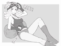 Rule 34 | 1girl, blush, boku no hero academia, breasts, cleavage, closed mouth, coffee cup, cup, disposable cup, eyebrows, gloves, goggles, goggles on head, greyscale, hatsume mei, holding, holding cup, ina (gokihoihoi), kneehighs, large breasts, looking at viewer, lying, monochrome, navel, on back, panties, pillow, short hair, smile, socks, solo, underwear, wrench
