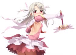 Rule 34 | 1girl, absurdres, armpits, backless dress, backless outfit, bare back, blush, breasts, detached sleeves, dress, elbow gloves, eto, fate/kaleid liner prisma illya, fate (series), feather hair ornament, feathers, from side, gloves, hair ornament, highres, holding, illyasviel von einzbern, kaleidostick, long hair, looking to the side, magical girl, magical ruby, md5 mismatch, open mouth, pink dress, prisma illya, red eyes, resized, resolution mismatch, silver hair, simple background, small breasts, solo, source smaller, standing, upscaled, wand, white background, white gloves