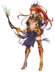 Rule 34 | 1girl, aqua eyes, armor, armored boots, black thighhighs, boots, bow (weapon), bracelet, breasts, feathers, full body, hair ornament, holding, holding bow (weapon), holding weapon, jewelry, long hair, looking at viewer, medium breasts, midriff, navel, orange hair, pelvic curtain, ponytail, quiver, serious, short sleeves, simple background, skirt, solo, standing, tenshi mikadokuni, thighhighs, underboob, weapon, white background, zettai ryouiki