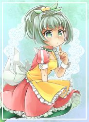 Rule 34 | + +, 10s, 1girl, apron, bad id, bad pixiv id, beads, bow, cardfight!! vanguard, character request, choker, finger to face, green choker, green eyes, green hair, green thighhighs, hair beads, hair ornament, index finger raised, maid, solo, ssk sasasa, thighhighs, white bow, yellow apron