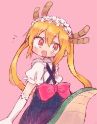 Rule 34 | back bow, blonde hair, blue dress, blush stickers, bow, commentary request, cowboy shot, dragon girl, dragon horns, dragon tail, dress, elbow gloves, from behind, gloves, hair between eyes, highres, horns, kobayashi-san chi no maidragon, looking back, maid headdress, multicolored eyes, multicolored hair, notice lines, open mouth, pinafore dress, pink background, pink bow, puffy short sleeves, puffy sleeves, red eyes, red hair, richard (richaball), shirt, short sleeves, simple background, sleeveless, sleeveless dress, tail, tohru (maidragon), two-tone hair, white gloves, white shirt, yellow eyes