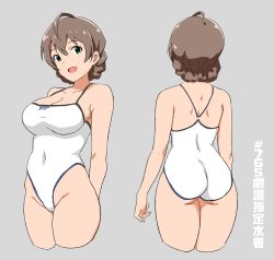 Rule 34 | 1girl, ahoge, arms at sides, ass, back, braid, breasts, brown hair, cleavage, competition school swimsuit, cowboy shot, cropped legs, green eyes, grey background, hair between eyes, highleg, highleg swimsuit, highres, idolmaster, idolmaster million live!, idolmaster million live! theater days, legs together, looking at viewer, m mance, multiple views, one-piece swimsuit, sakuramori kaori, school swimsuit, short hair, simple background, swimsuit, thighs, translation request, white one-piece swimsuit