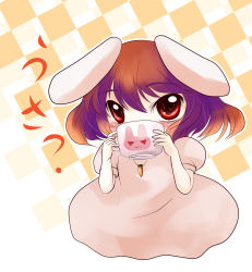Rule 34 | 1girl, animal ears, brown hair, carrot, chibi, dress, female focus, gradient background, highres, inaba tewi, rabbit ears, red eyes, solo, touhou, white background, yume shokunin
