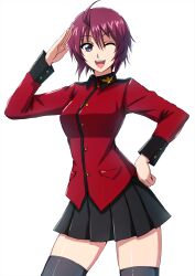 Rule 34 | 1girl, ahoge, black jacket, black skirt, black thighhighs, buttoned cuffs, buttons, collared jacket, commentary, cowboy shot, girls und panzer, gundam, gundam seed, gundam seed destiny, hair between eyes, hand on own hip, hands on own hips, highres, jacket, long sleeves, looking at viewer, lunamaria hawke, military uniform, miniskirt, multicolored clothes, multicolored jacket, omachi (slabco), one eye closed, open mouth, plaid, plaid skirt, pleated skirt, purple eyes, red hair, red jacket, salute, short hair, simple background, skindentation, skirt, smile, solo, st. gloriana&#039;s military uniform, standing, thighhighs, two-tone jacket, uniform, white background, zettai ryouiki