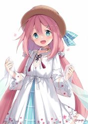 Rule 34 | 1girl, blue eyes, choker, commentary request, dress, floral print, flower, hair between eyes, hair ornament, hairclip, hairpin, hat, highres, kagamihara nadeshiko, long hair, looking at viewer, low twintails, nyanya, open mouth, pink hair, plaid, scrunchie, see-through, shawl, simple background, solo, sun hat, twintails, twitter username, very long hair, white background, white choker, white dress, white flower, yurucamp