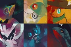 Rule 34 | breloom, charmander, closed mouth, clothed pokemon, commentary, cowboy hat, creatures (company), crying, devonshire (pmd-explorers), face, fangs, frown, gabite, game freak, gen 1 pokemon, gen 3 pokemon, gen 4 pokemon, glitchedpuppet, gunpowder (pmd-explorers), hat, highres, kecleon, looking down, looking up, md5 mismatch, mike (pmd-explorers), monocle, neckerchief, nintendo, no humans, pirate hat, pk (pmd-explorers), pokemon, pokemon (creature), pokemon mystery dungeon, resolution mismatch, sableye, shroomsworth (pmd-explorers), source smaller, sunglasses