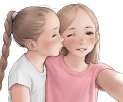 Rule 34 | 2girls, bad id, bad pixiv id, black eyes, blush, braid, braided ponytail, closed eyes, forehead, highres, imminent kiss, light brown hair, long hair, looking at another, luimiart, multiple girls, one eye closed, original, realistic, selfie, shirt, single braid, t-shirt, upper body, white background, yuri