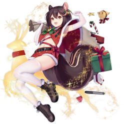Rule 34 | 1girl, allenes, alternate costume, animal ears, armpits, arms up, aurora, azur lane, bag, bell, blush, boots, box, breasts, brown hair, candy, candy cane, capelet, christmas, cross-laced footwear, elbow gloves, fang, food, gift, gift box, gloves, hair bell, hair ornament, lace-up boots, manjuu (azur lane), medium breasts, midriff, navel, official alternate costume, official art, open mouth, skin fang, smile, squirrel ears, squirrel girl, squirrel tail, star (symbol), tail, thighhighs, tongue, tongue out, torpedo, transparent background, underboob, wakaba (azur lane), wakaba (holiday special wakaba!) (azur lane)