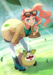 Rule 34 | 1girl, bent over, between breasts, boots, breasts, brown coat, closed mouth, coat, commentary request, creatures (company), eyelashes, eyewear on head, falling leaves, game freak, gen 8 pokemon, grass, green eyes, green footwear, green nails, hair ornament, twirling hair, hand on own knee, heart, heart hair ornament, highres, leaf, light beam, long hair, long sleeves, looking at viewer, nail polish, nintendo, orange hair, otton, outdoors, pants, pokemon, pokemon (creature), pokemon swsh, side ponytail, signature, smile, sonia (pokemon), standing, strap between breasts, sunglasses, tree, v-neck, yamper