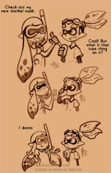 Rule 34 | 1boy, 1girl, 3koma, can, comic, drinking, english text, inkling, inkling boy, inkling girl, inkling player character, long hair, mask, monochrome, nintendo, pointing, pointing at self, pointy ears, sepia, shrugging, signature, simple background, sketch, snorkel, splatoon (series), splatoon 1, tamarinfrog, tentacle hair