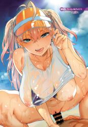 Rule 34 | 1boy, 1girl, ahoge, artist name, bar censor, bikini, bikini under clothes, black eyes, blonde hair, blue bikini, blush, bottomless, breasts, censored, cloud, collarbone, covered erect nipples, cowgirl position, day, ear piercing, girl on top, glint, hetero, highres, large breasts, long hair, looking at viewer, navel, nipples, open mouth, original, penis, piercing, pov, pussy, see-through, sex, sky, smile, solo focus, spread legs, straddling, sweat, swimsuit, tank top, tongue, tongue out, two side up, vaginal, visor cap, wet, wet clothes, yuzuha (yuzuya)