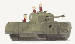Rule 34 | 10s, 3girls, assam (girls und panzer), blonde hair, blue eyes, bow, braid, churchill (tank), cup, darjeeling (girls und panzer), emblem, girls und panzer, kawashina (momen silicon), long hair, looking at viewer, military, military vehicle, motor vehicle, multiple girls, on vehicle, orange hair, orange pekoe (girls und panzer), pleated skirt, school uniform, shadow, simple background, sitting, skirt, smile, st. gloriana&#039;s (emblem), tank, teacup, vehicle, white background