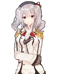 Rule 34 | 10s, 1girl, arm around waist, bad id, bad twitter id, beret, breasts, buttons, epaulettes, frilled sleeves, frills, gloves, grey eyes, hat, jacket, kantai collection, kashima (kancolle), kerchief, large breasts, long hair, long sleeves, looking at viewer, military, military uniform, red ribbon, ribbon, sidelocks, grey eyes, silver hair, simple background, sketch, solo, suugaku kanotoro, tsurime, twintails, uniform, wavy hair, white background, white gloves