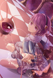 Rule 34 | 1girl, asiya (joey26504), blouse, checkered floor, chireiden, frilled skirt, frilled sleeves, frills, from side, hairband, heart, komeiji satori, light, light particles, long sleeves, looking at viewer, looking to the side, perspective, purple eyes, purple hair, ribbon-trimmed collar, ribbon trim, shadow, shirt, short hair, skirt, solo, squatting, thighs, third eye, touhou