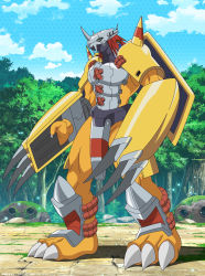 Rule 34 | 2boys, armor, biceps, blue sky, brown hair, claws, cloud, copyright name, digimon, digimon adventure: (2020), forest, full armor, full body, giant, gloves, goggles, green eyes, highres, looking to the side, mechanical wings, medium hair, multiple boys, muscular, nature, official art, screencap, size difference, sky, toei animation, tree, wargreymon, wings, yagami taichi