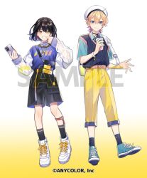 Rule 34 | 2boys, alternate costume, androgynous, backpack, bag, belt, belt buckle, beret, black choker, black hair, black shorts, black socks, black sweater vest, blonde hair, blue eyes, blue footwear, blue shirt, blue sweater vest, bob cut, bracelet, braid, braided bangs, buckle, cellphone, choker, closed mouth, collared shirt, copyright notice, cuff links, cup, dangle earrings, disposable cup, drinking straw, earrings, finger in own mouth, full body, gradient background, grin, hair behind ear, hair between eyes, hair ornament, hairclip, hat, high tops, holding, holding cup, holding phone, jewelry, kino (kino cono), layered sleeves, legwear garter, long sleeves, looking at viewer, male focus, mashiro meme, multicolored hair, multiple boys, naruse naru, nijisanji, official art, open hand, pants, pendant, phone, pink belt, pink hair, pocket, ribbon choker, sample watermark, see-through, see-through sleeves, shirt, shoes, short hair, short over long sleeves, short sleeves, shorts, shoulder bag, simple background, smartphone, smile, sneakers, socks, standing, streaked hair, sweater vest, two side up, virtual youtuber, watermark, white background, white footwear, white hat, white shirt, yellow background, yellow belt, yellow eyes, yellow pants