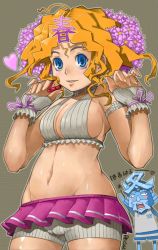 Rule 34 | 1girl, blonde hair, blue eyes, blush, breasts, cameltoe, cleavage, flower, groin, hair ornament, heart, large breasts, navel, recube, smile, solo, wrist cuffs