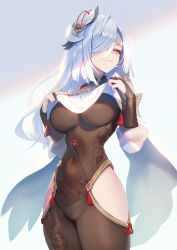 Rule 34 | 1girl, absurdres, blue eyes, bodysuit, breast curtain, breasts, bright pupils, closed mouth, clothing cutout, covered navel, cowboy shot, genshin impact, gold trim, hair ornament, hair over one eye, hands up, highres, hip vent, impossible bodysuit, impossible clothes, large breasts, lifted by self, long hair, looking at viewer, mmlyno, shenhe (genshin impact), shoulder cutout, solo, standing, white hair