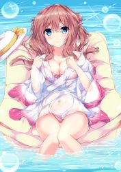 Rule 34 | 1girl, bikini, bow, breasts, brown hair, cleavage, commentary request, covered navel, fuuna, hat, hat bow, highres, japanese clothes, kimono, knees together feet apart, long hair, long sleeves, lying, medium breasts, moe2018, on back, original, pink bikini, see-through, short kimono, side-tie bikini bottom, sleeves past wrists, solo, sparkle, swimsuit, unworn hat, unworn headwear, water, wet, wet clothes, wet kimono, white hat, white kimono, wide sleeves, yellow bow