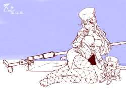 Rule 34 | 1girl, absurdres, anti-materiel rifle, blush, bolt action, breasts, cleavage, dated, earrings, fishnet pantyhose, fishnets, fur hat, girls&#039; frontline, gloves, greyscale, gun, hat, highres, jewelry, large breasts, licking, licking finger, long hair, looking at viewer, monochrome, no shoes, pantyhose, papakha, ptrd-41, ptrd (girls&#039; frontline), purple background, red eyes, rifle, simple background, sniper rifle, solo, tongue, tongue out, turtleneck, weapon, z.s.w.