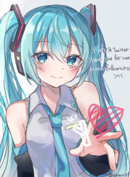 Rule 34 | &gt; &lt;, 1girl, absurdres, aqua eyes, aqua hair, aqua necktie, bare shoulders, black sleeves, blush, commentary, detached sleeves, english text, foreshortening, grey background, grey shirt, hair ornament, hatsune miku, headphones, heart, highres, long hair, looking at viewer, necktie, noneon319, outstretched arm, reaching, reaching towards viewer, shirt, sleeveless, sleeveless shirt, smile, solo, spring onion, thank you, twintails, twitter username, upper body, very long hair, vocaloid