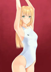 Rule 34 | 1girl, arms up, blonde hair, competition swimsuit, cowboy shot, flat chest, green eyes, highres, long hair, one-piece swimsuit, original, red background, rure, simple background, smile, solo, standing, swimsuit, white one-piece swimsuit