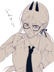 Rule 34 | 1girl, absurdres, adjusting eyewear, bad id, bad pixiv id, chainsaw man, closed mouth, demon horns, glasses, hand on own hip, highres, horns, long hair, looking at viewer, monochrome, necktie, ponytail, power (chainsaw man), shirt, simple background, solo, toukaairab, translation request, white background, white shirt
