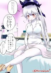 Rule 34 | 10s, 1boy, 1girl, abyssal ship, alternate costume, bandaid, bed, blush, bottomless, breasts, colored skin, contemporary, destroyer princess, dress shirt, hat, kantai collection, kuro abamu, large breasts, long hair, on bed, pale skin, red eyes, shirt, side ponytail, sitting, solo focus, towel, translation request, twitter username, very long hair, white hair, white skin
