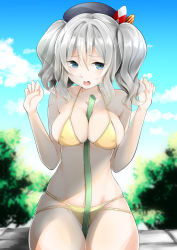 Rule 34 | 10s, 1girl, alternate costume, bad id, bad pixiv id, bare shoulders, beret, bikini, blue eyes, breasts, cloud, cloudy sky, day, eyebrows, hat, himawarino-tane, kantai collection, kashima (kancolle), large breasts, long hair, looking at viewer, open mouth, silver hair, sky, solo, swimsuit, twintails, yellow bikini