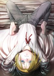 Rule 34 | 1girl, absurdres, annie leonhart, arched back, bed, bed sheet, blonde hair, blue eyes, breasts, closed mouth, female focus, half-closed eyes, highres, indoors, looking at viewer, lying, on bed, pants, shirt, small breasts, solo, spread legs, youkai ankake