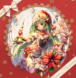 Rule 34 | 1girl, bare shoulders, destiny child, green eyes, green hair, kkuem, krampus (destiny child), long hair, looking at viewer, merry christmas, navel, pinecone, snowflake ornament, solo