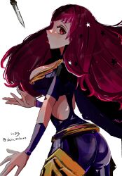 Rule 34 | 1girl, ass, belt, big hair, black cape, bodysuit, breasts, cape, choker, clothing cutout, cowboy shot, dagger, eyelashes, fire emblem, fire emblem engage, gold belt, hair ornament, high collar, highres, knife, large breasts, long hair, looking at viewer, nintendo, open mouth, pink choker, pink hair, purple bodysuit, purple cape, red eyes, shirozakuro, side cutout, simple background, solo, standing, star (symbol), star hair ornament, throwing knife, tongue, tongue out, twitter username, two-tone cape, weapon, white background, yunaka (fire emblem)