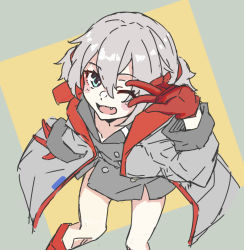 Rule 34 | 1girl, azur lane, blue eyes, blush, bu4321, character request, coat, fang, flat color, gloves, grey coat, grey hair, hair between eyes, highres, long sleeves, looking at viewer, one eye closed, perspective, red gloves, smile, twintails