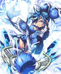 Rule 34 | 1girl, armor, blue hair, breasts, dark skin, dark-skinned female, eyepatch, highres, large breasts, long hair, looking at viewer, nanakusa, nintendo, open mouth, pauldrons, polearm, praxis (xenoblade), shoulder armor, simple background, smile, solo, spear, water, weapon, xenoblade chronicles (series), xenoblade chronicles 2, xenoblade chronicles (series), xenoblade chronicles 2