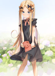 Rule 34 | 1girl, abigail williams (fate), black bow, black dress, blonde hair, blue eyes, bow, breasts, closed mouth, dress, fate/grand order, fate (series), forehead, hair bow, long hair, multiple bows, orange bow, parted bangs, polka dot, polka dot bow, ribbed dress, sakazakinchan, sleeves past fingers, sleeves past wrists, small breasts, smile, stuffed animal, stuffed toy, teddy bear