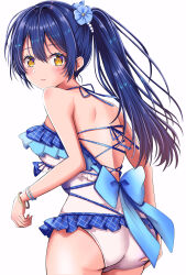 Rule 34 | 1girl, absurdres, bare shoulders, blue hair, highres, long hair, looking at viewer, love live!, love live! school idol project, maymaymaru, meimaru, ponytail, simple background, solo, sonoda umi, swimsuit, yellow eyes